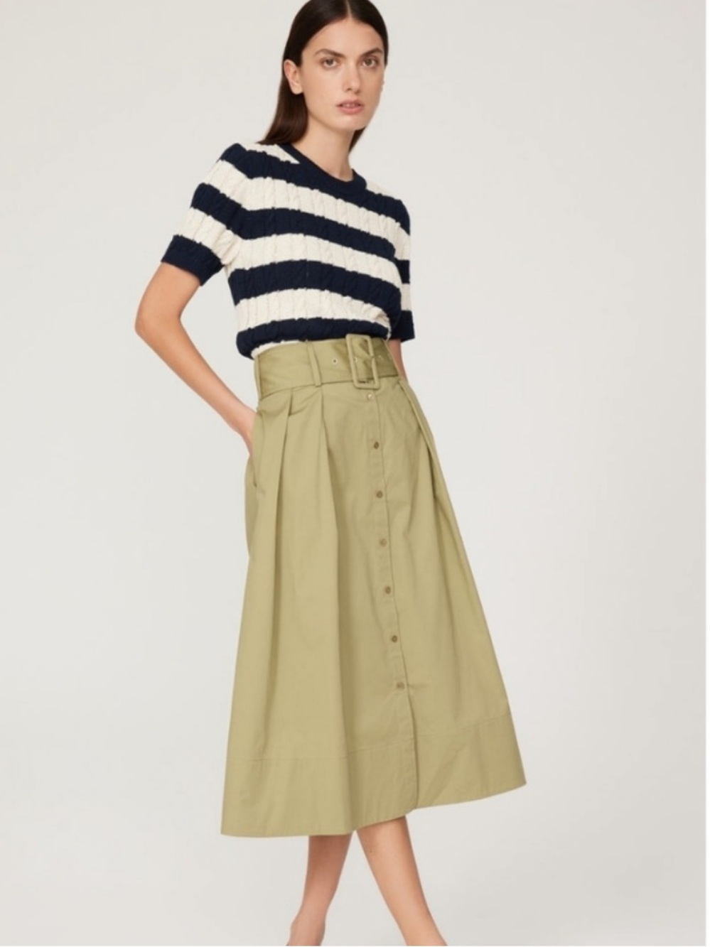 STAUD Kingsley Belted Pleated Stretch-Cotton Midi Skirt Size 2